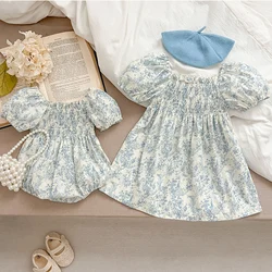 Girls Sister Clothes Summer Sister Newborn Toddler Baby Girls Lace Jumpsuit Sweet Baby Girls Blue Flowers Kids Princess Dress