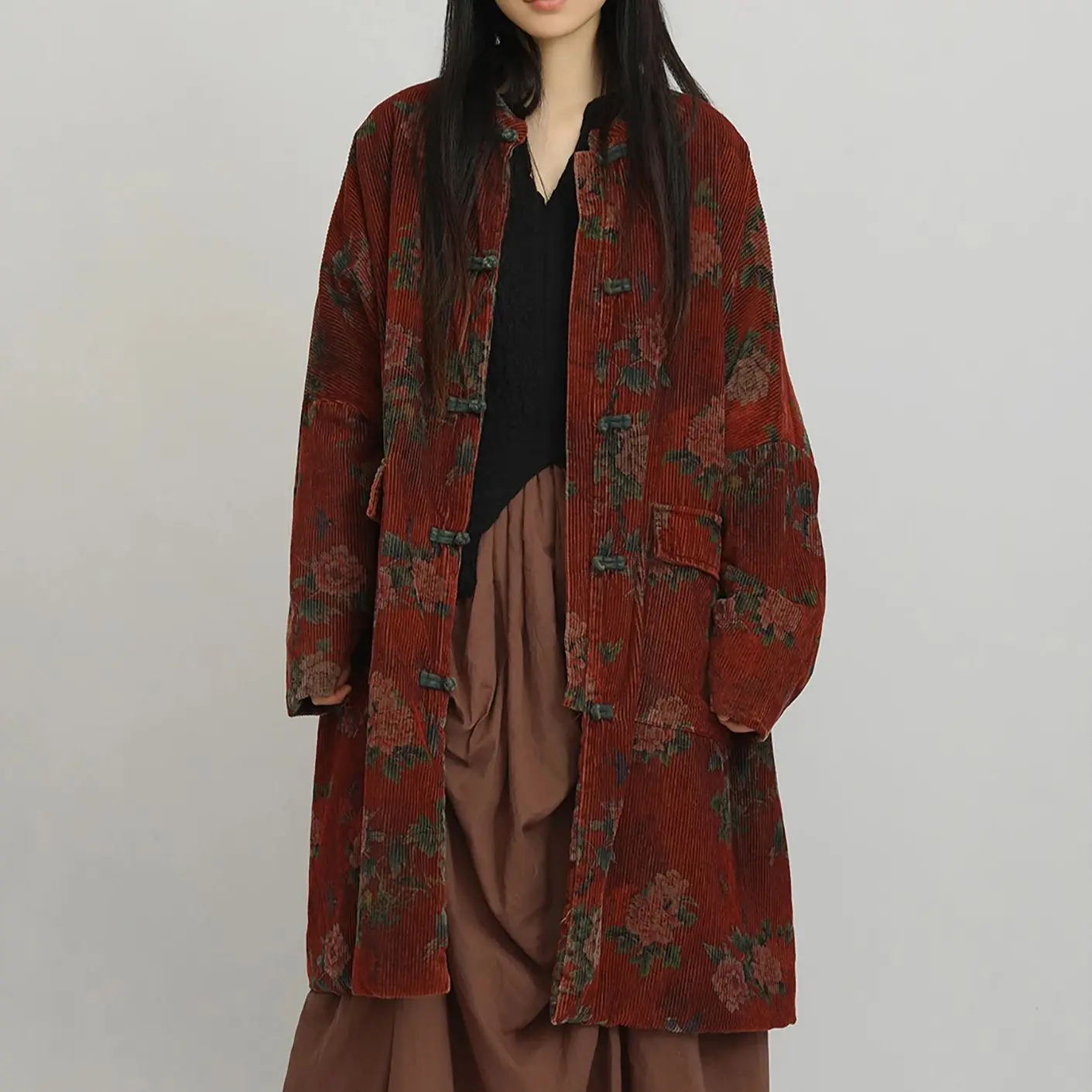 

LZJN Corduroy New Chinese-Style Vintage Print Padded Coat for Women – Mid-Length, Loose-Fit, Frog-Button Winter Fashion Jacket