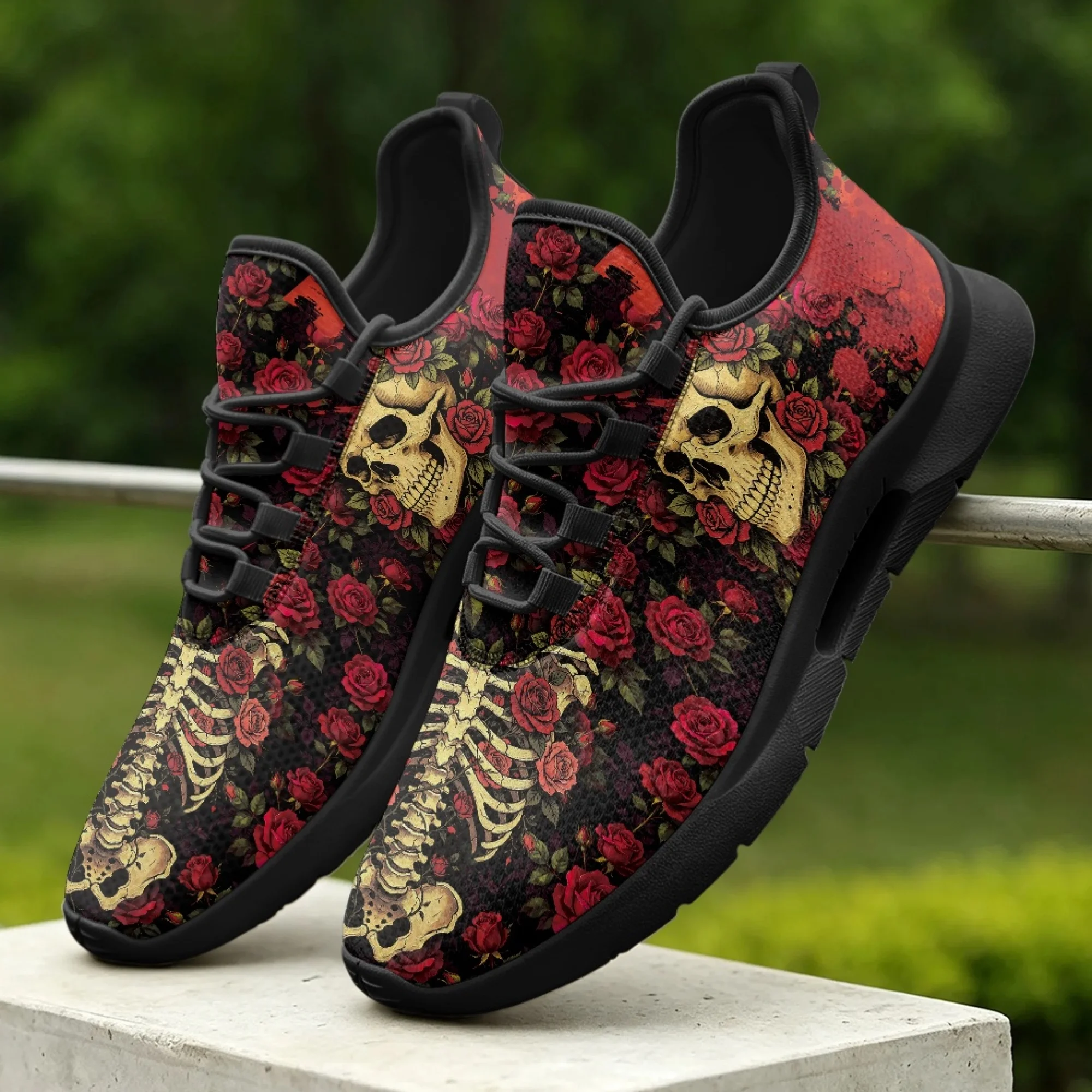 XIXIRIMIDO Skull Rose Lace-up Casual Shoes Mens Sneakers Comfortable Mesh Breathable Walking Shoes Women's Fashion Sneakers