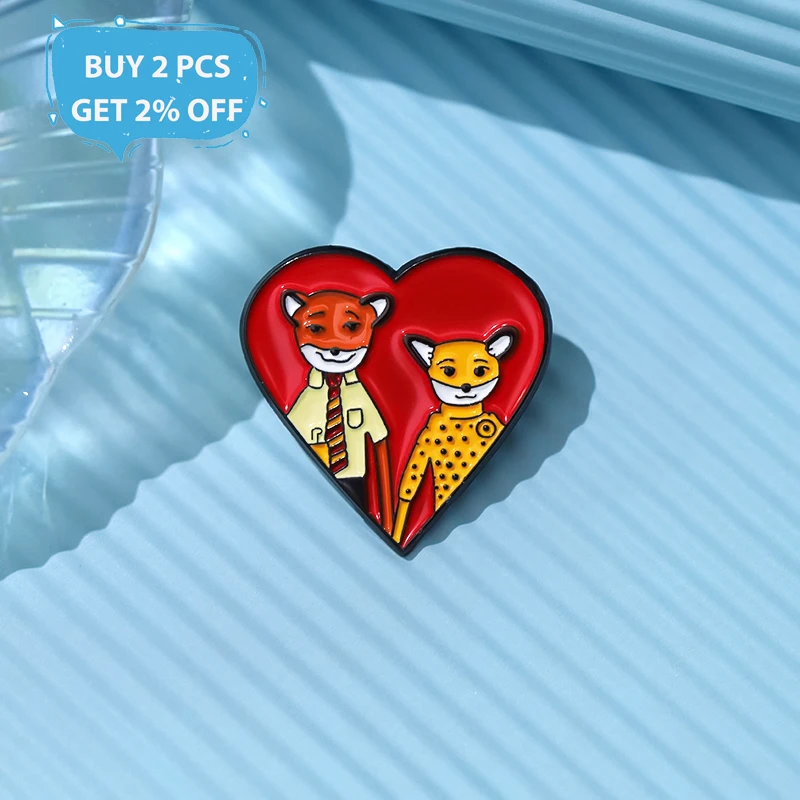 Comedy Movies The Fantastic Mr Fox Couple Love Brooch Enamel Pin Funny Heart Metal Badge Lapel Jacket Jewelry Accessories Gift