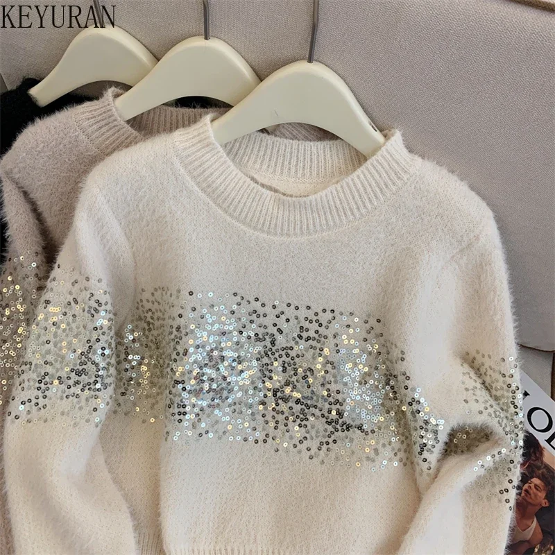 Sequins Pullovers Sweater Women\'s Autumn Winter Korean Style O-Neck Long Sleeve Khaki Short Mohair Sweaters Jumpers Pull Femme