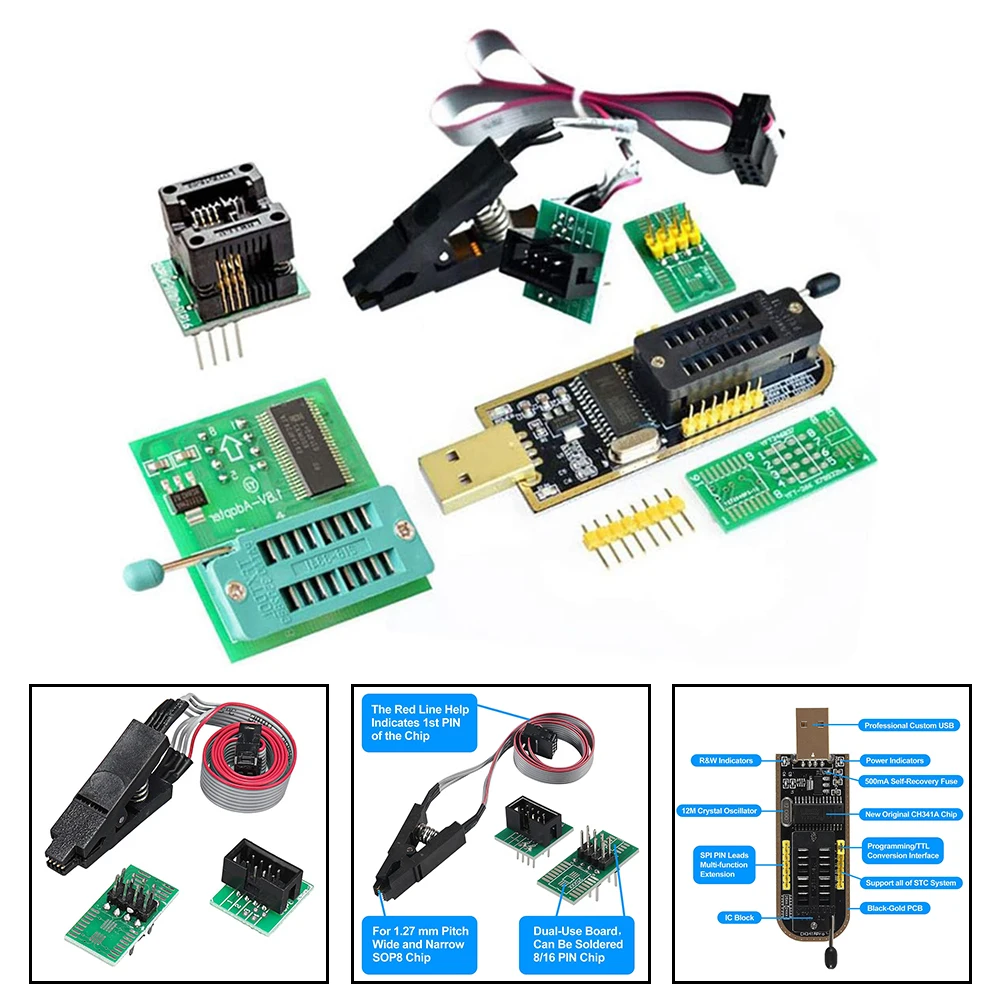 CH341A USB Programmer With For SOIC8 Clip And 1.8V Adapter For 24 25 Series For EEPROM For Flash For BIOS Programming Tool