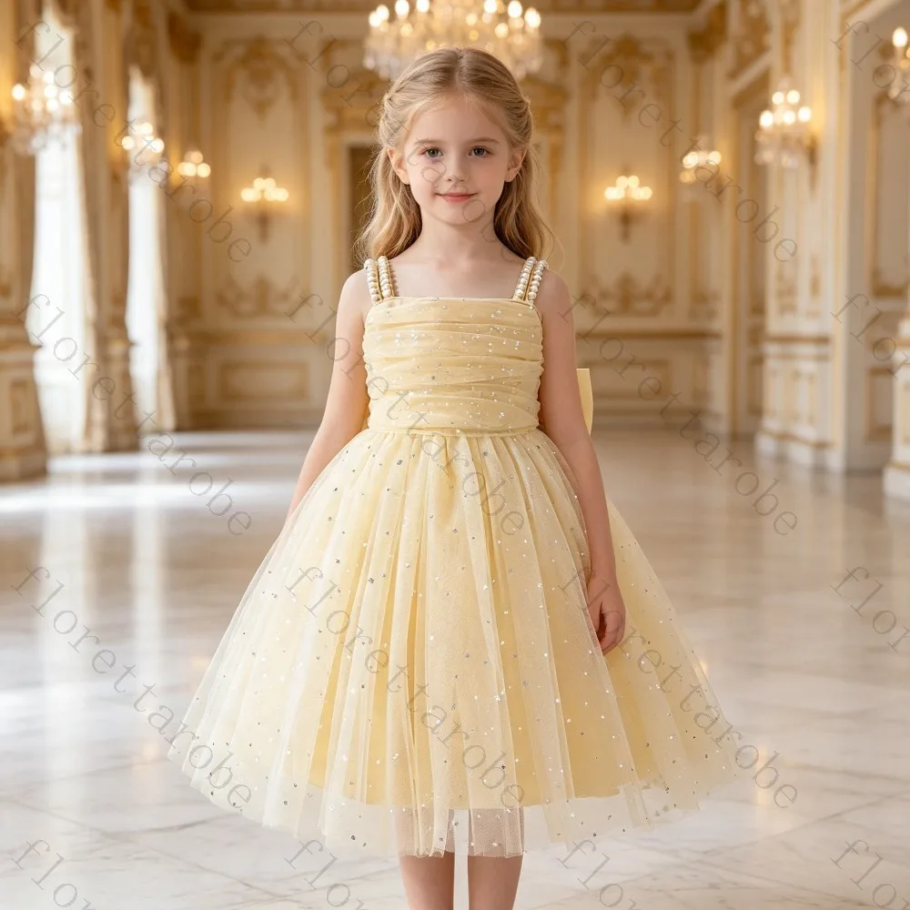 Customize Elegant and Shiny Flower Girl Dress Sequins Kids Wedding Birthday Graduation Square Collar First Communion Gowns