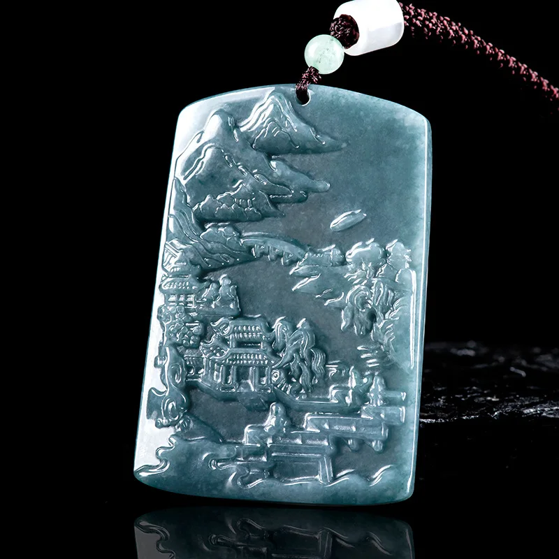 

Authentic Men's Natural Jade Blue Water Landscape Pendant Hand Carved Jade Pendant For Women Necklace