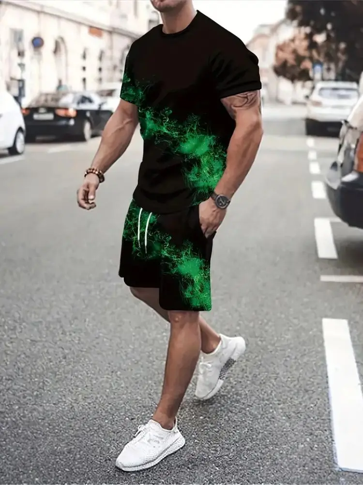 Summer Men's Casual Trend Short Sleeve Shorts Set 3D Printed Prayer Handprint T-Shirt and Shorts Set Summer Outdoor Casual Set