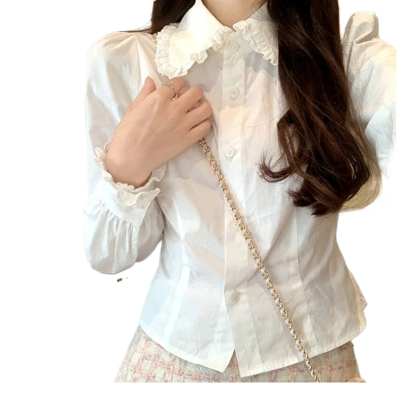 Lace Women Shirt Korean Style Long Sleeve Top Female Autumn Slim Solid Fashion Woman Blouse 2024 Ruffles White Button Clothes