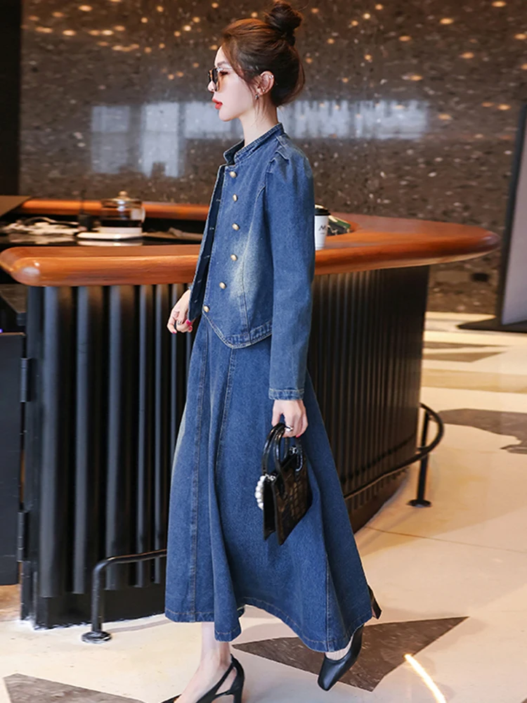 LANMREM Fashion Denim 2 Pieces Set Women Single Breasted Long Sleeves Short Coat High Waist A-line Skirt 2023 Autumn New 2AA2096