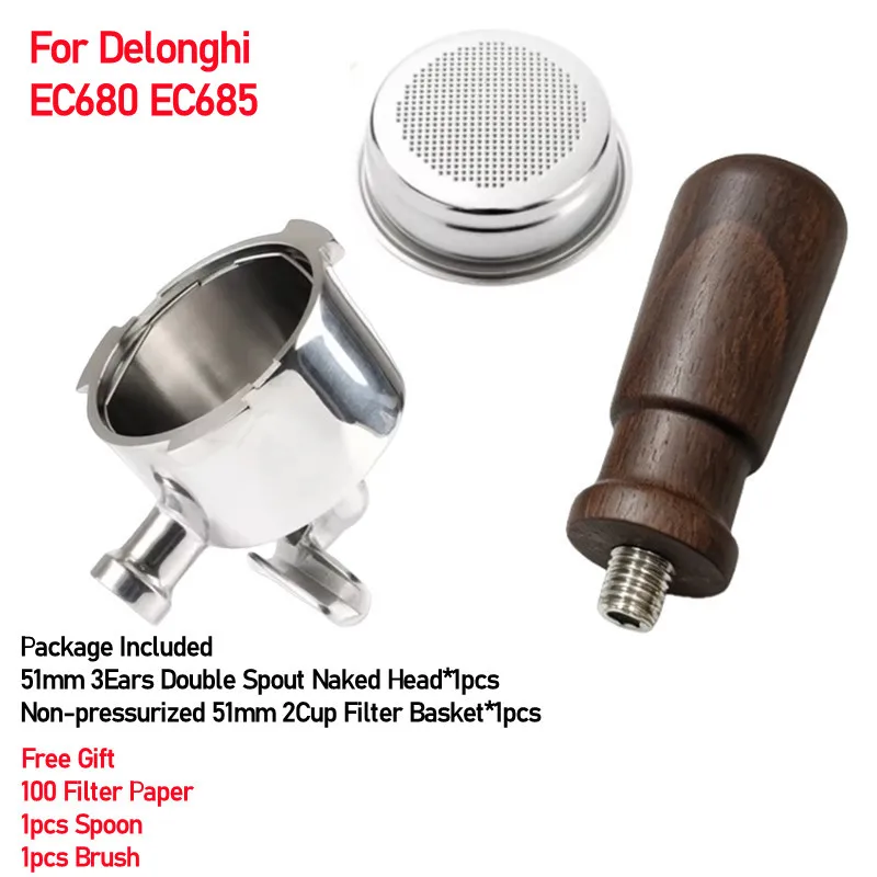 For Delonghi EC680 EC685 ECO310 ECO311 EC9335 Espresso Machine 51mm Spout Bottomless Portafilter,Short Handle with Filter Basket