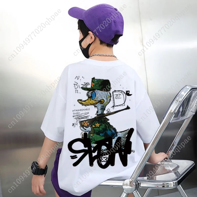 ملابس الأطفال الكورية 2025 الفتيان الأمريكية الكرتون بطة طباعة الجرافيك تي شيرت 100% القطن تي شيرتات قصيرة الاكمام ملابس فتاة #6