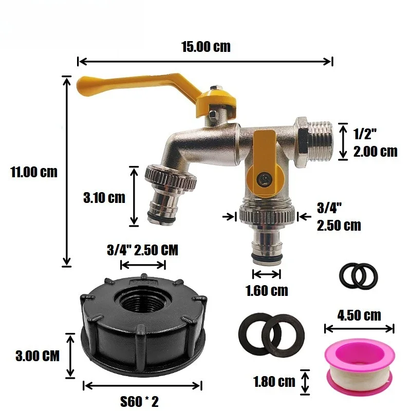 Zinc Alloy Garden Water Faucet Tape Keys 1/2'' 3/4'' 1 Inlet 2 Outlet Bibcock with Dual Nipple Water Splitter Connector (yellow)