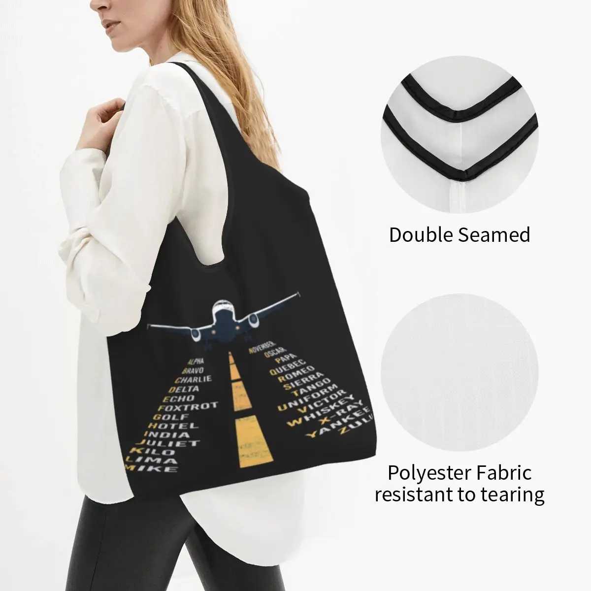 Phonetic Alphabet Pilot Cadet Airplane Art Grocery Shopping Bag Shopper Tote Shoulder Bag Large Portable Aviation Plane Handbag