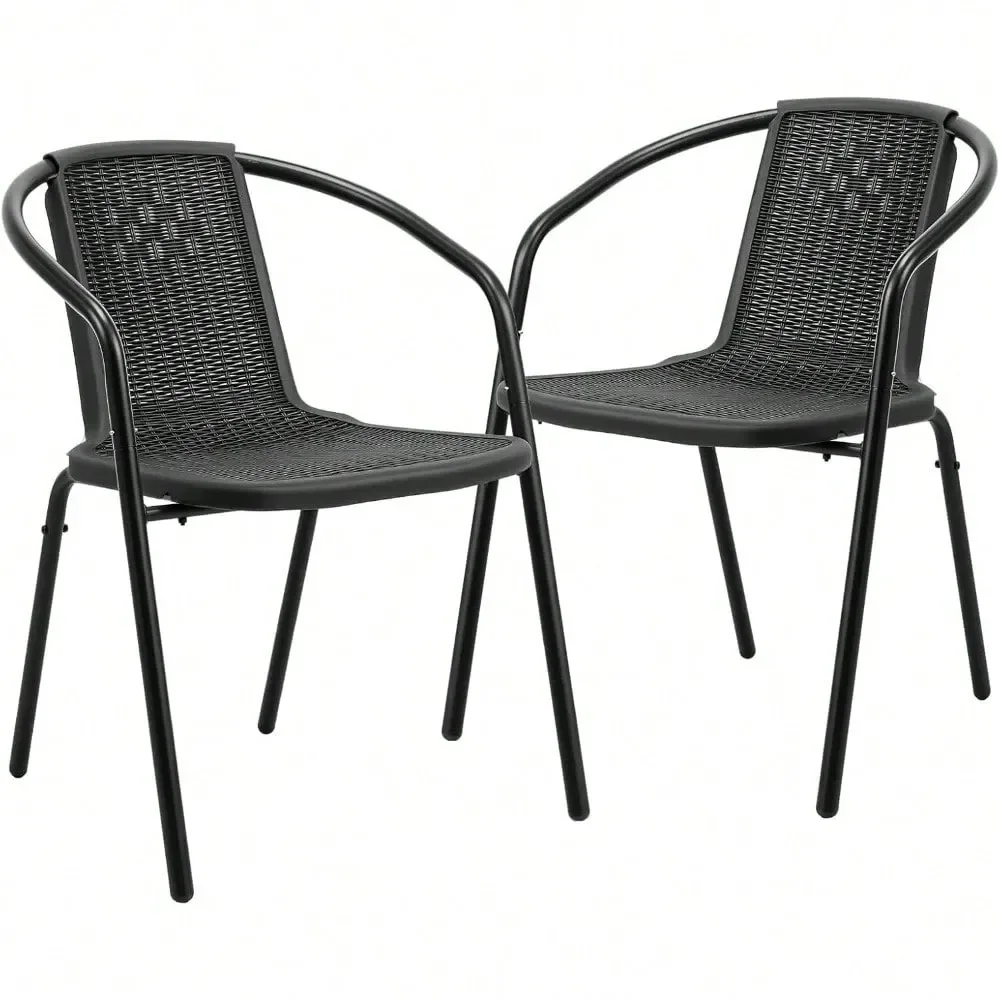 

Rattan Outdoor Dining Chairs Set Of 2, Plastic Stackable Patio Chairs For Indoor, Porch, Restaurant, Garden, Black