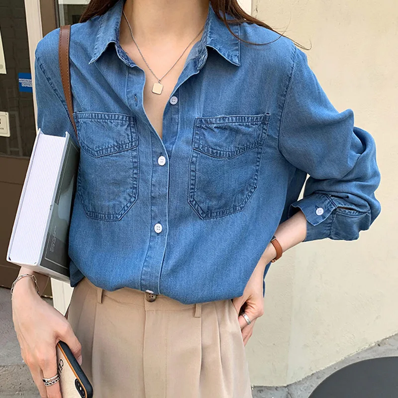 

Autumn New Retro Blue Denim T-shirt Women's Spring Long Sleeve Blouses Single Breasted Tops Fashion Casual Shirt Streetwear Tees