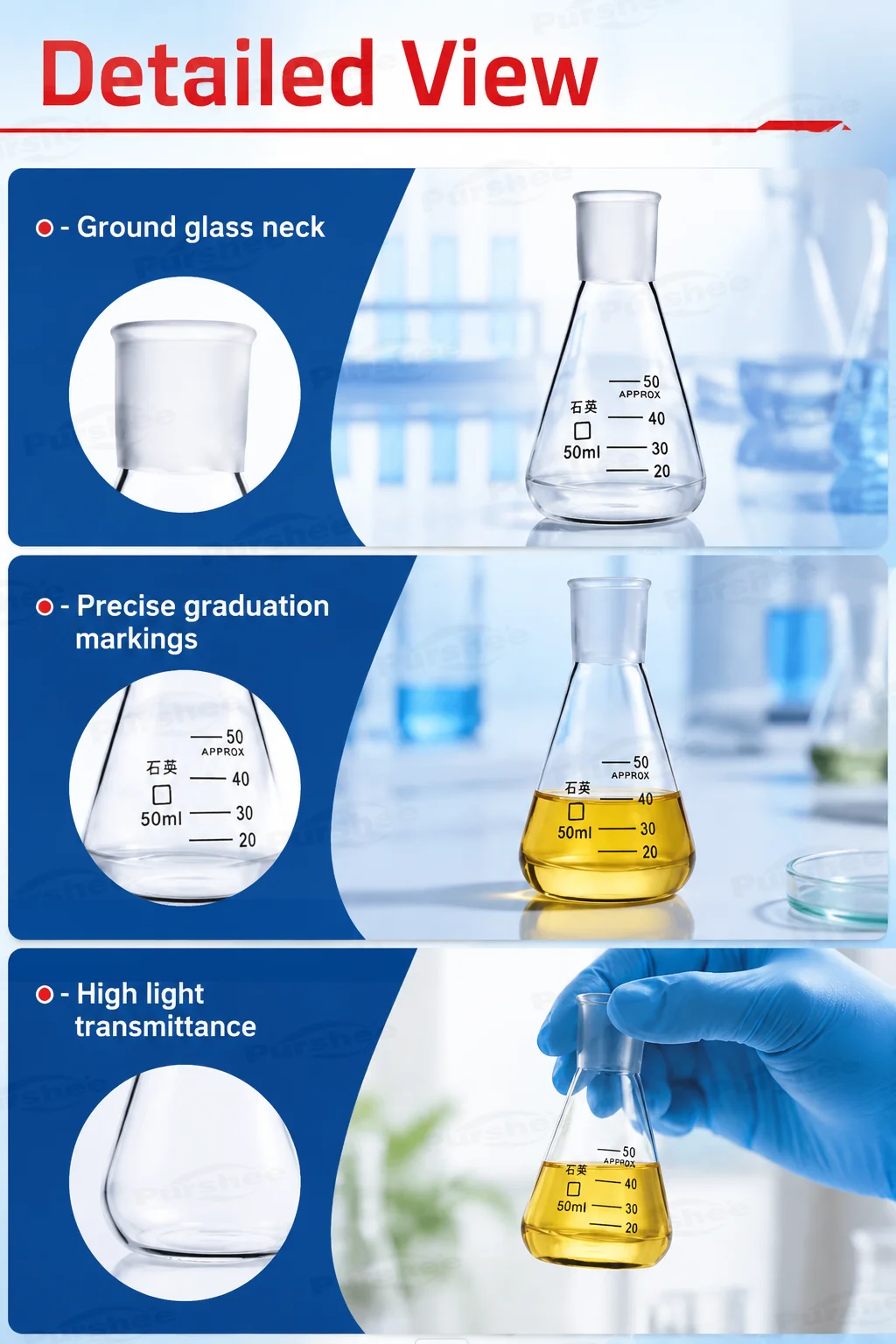 JGS-2 Quarz-Erlenmeyerkolben 50ml 100ml 150ml 250ml Hochtemperaturbeständiger Graduierter Konischer Kolben Labor-Messglaswaren – Detail 7