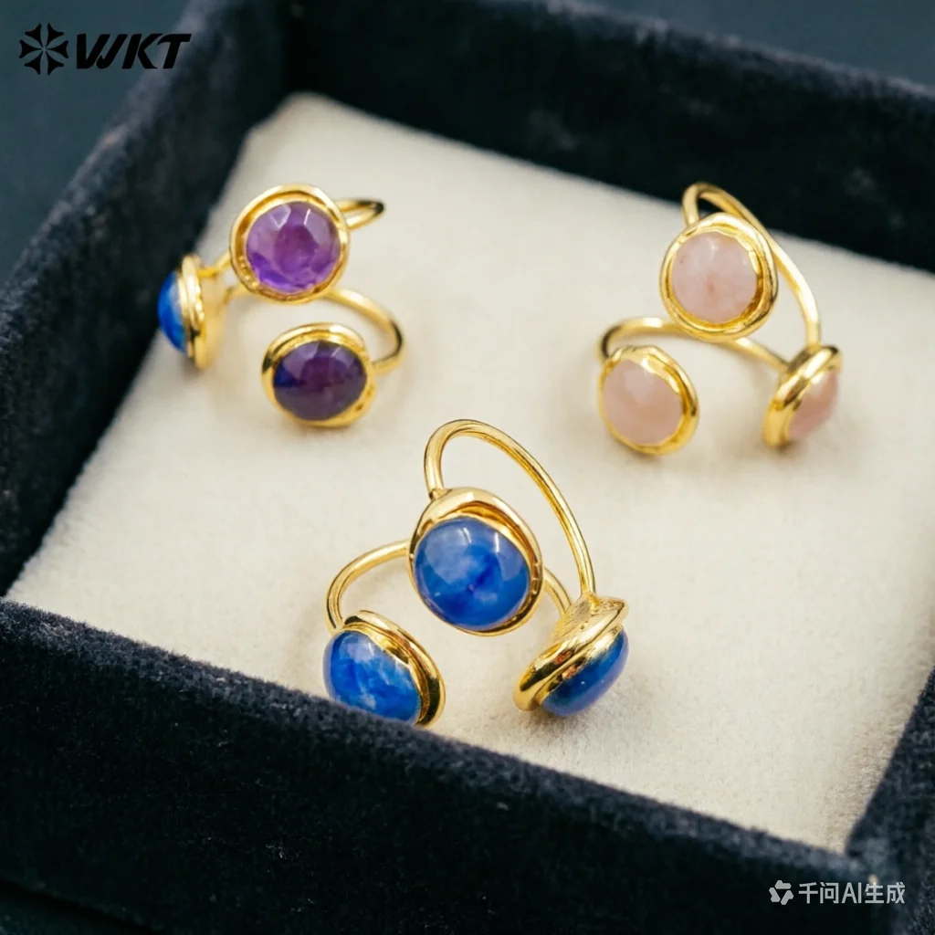 WT-R561 Beautiful Stylish 18K Gold Plated Round Opening Adjustable Natural Gemstone Cocktail Ring For Women Attending Party