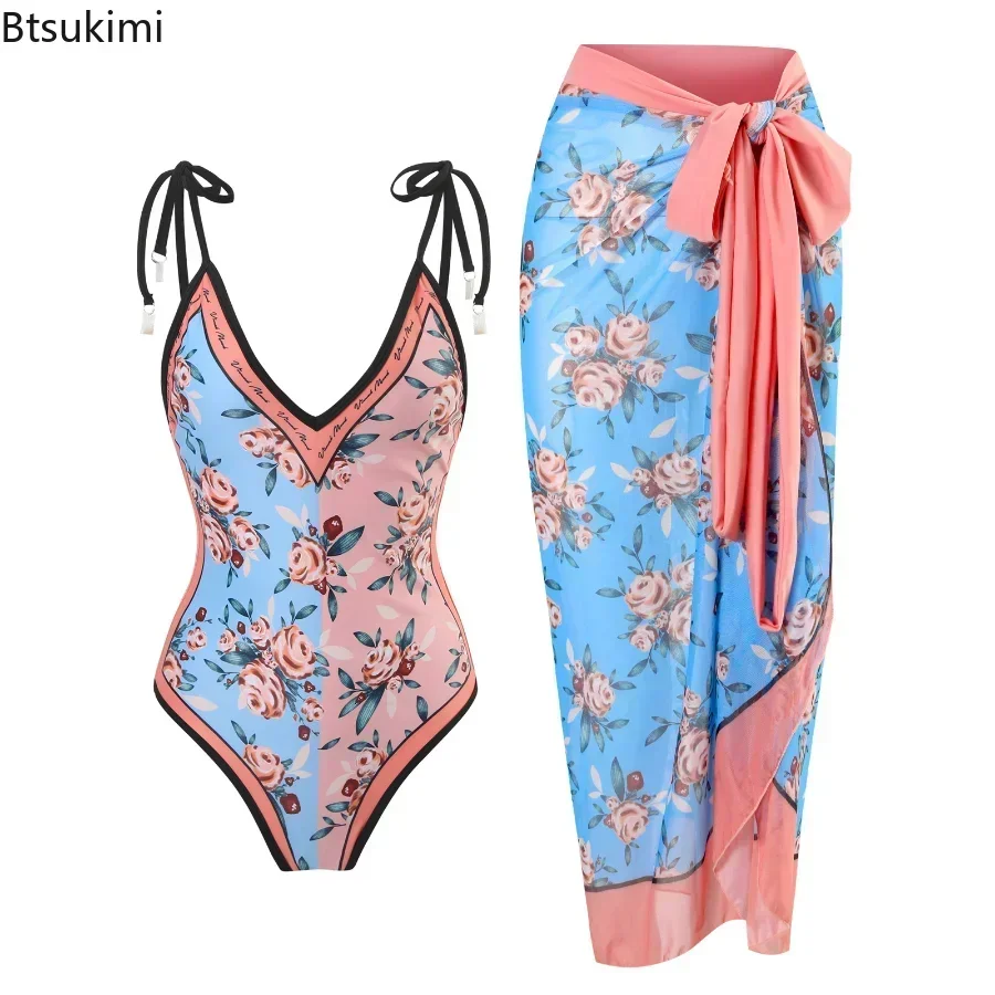 2025 New 2-Piece Women Bikini Set Bodysuit Skirt Cover Ups Sets Women Swimsuit Bandage Bathing Fashion Print Splice Beach Suit