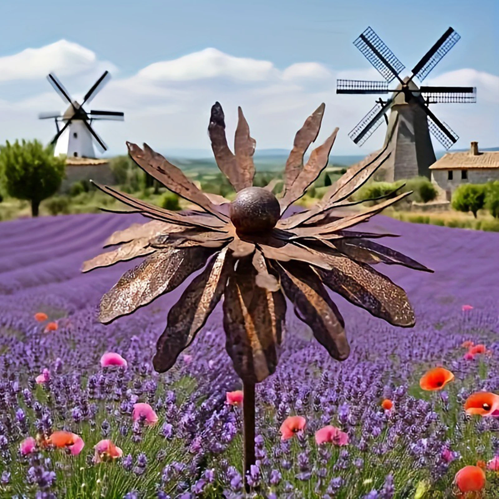 Iron Handmade Flower Garden Stakes Tool-Free Wavy Curved Petal Iron Floral Sculpture Rustic Cornflower Stake for Garden