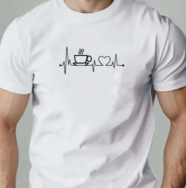 Men's Coffee Lover Graphic T-Shirt Heartbeat Coffee Cup Design Mustard Yellow Casual Summer Tee Men Clothing Comfortable
