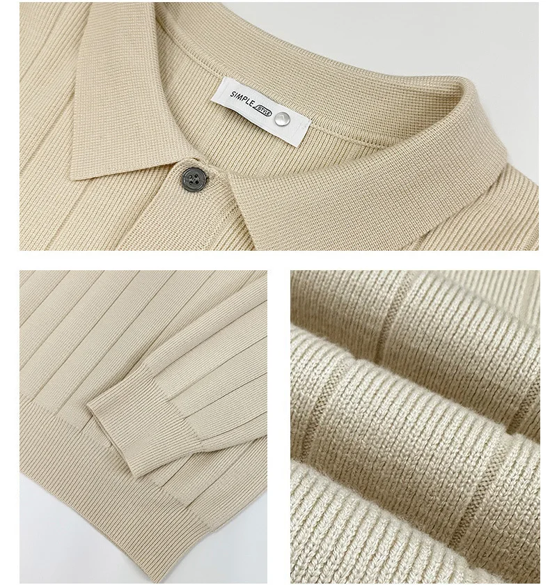 Männer Vintage Gestreiften Revers POLO Gestrickte Pullover Mann Business Casual Mode Lose Beiläufige Langarm Pullover Pullover Tops