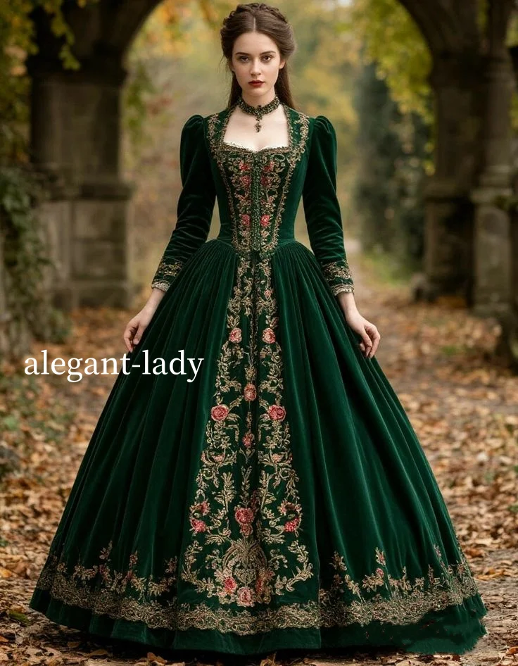 

19th Century Duchess Evening Dresses Emerald Victorian Vintage Long Floral Embroidered Appliquéd A-Line Gowns Custom Masquerade