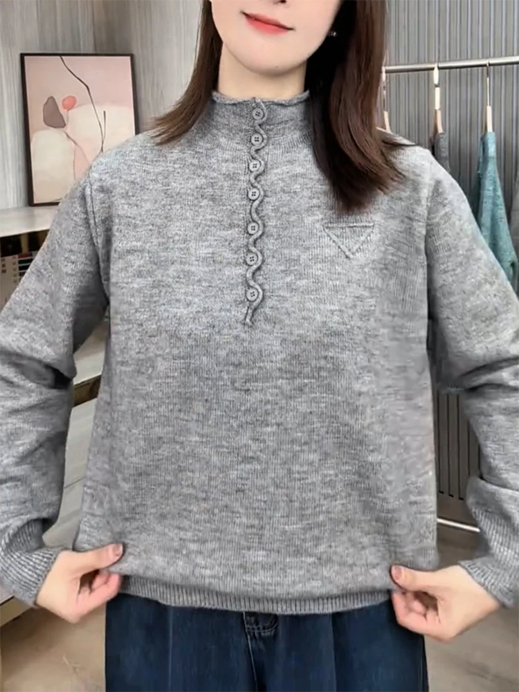 

Корейский элегантный вязаный свитер с воротником-стойкой, осенне-зимняя новинка, большие размеры, стройнящий, универсальный женский топ