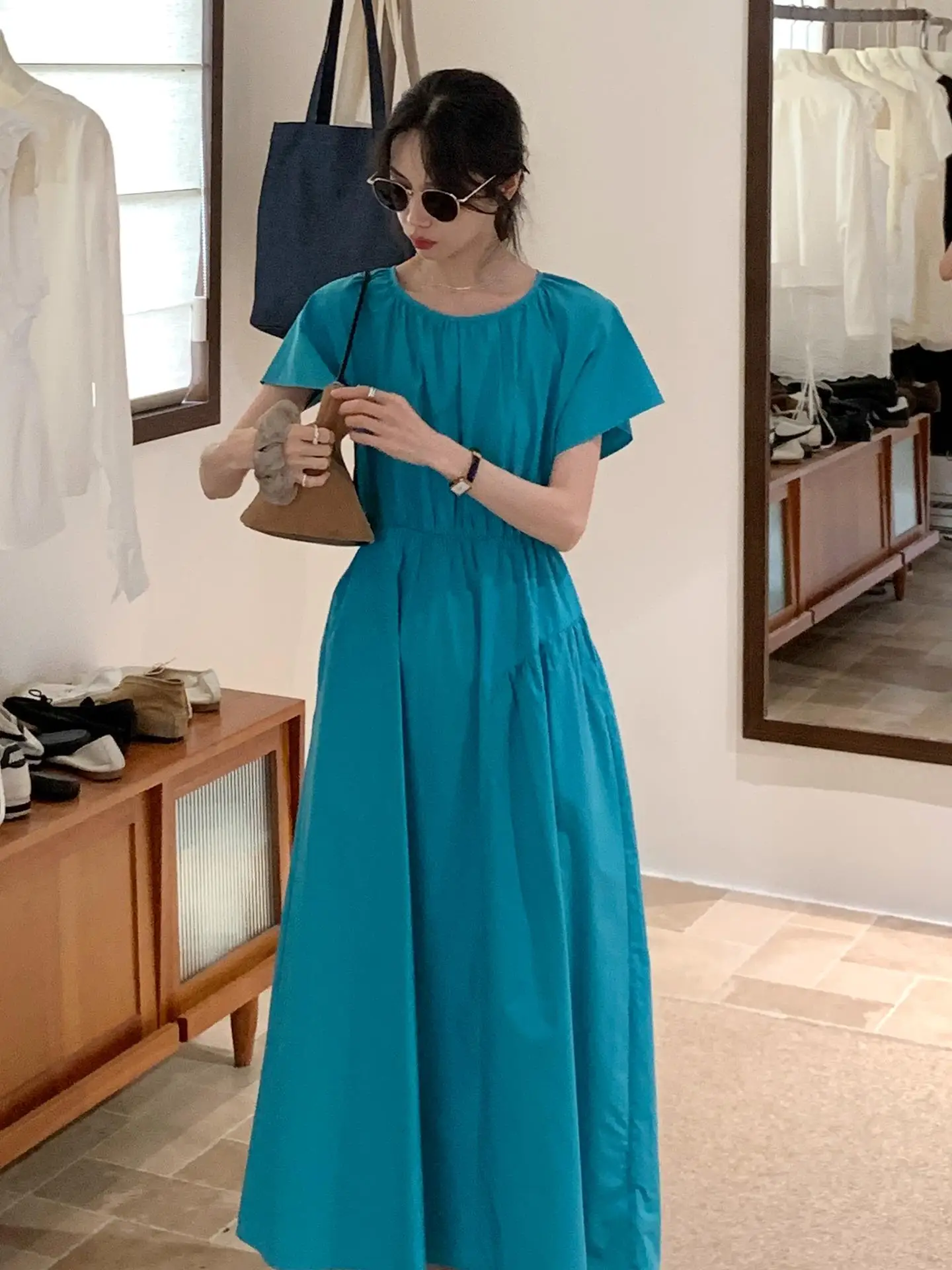 

BRIVIN Korean Sle Lake Blue Wrap Waist Pleated Dr Women's Summer New High Waist Slim Long Dr Casual round Ne