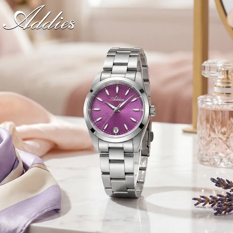 ADDIES Purple Ladies Quartz Watch Date Display BGW9 Luminous Women's Stainless Steel Wristwatches Sapphire Glass Luxury Watches