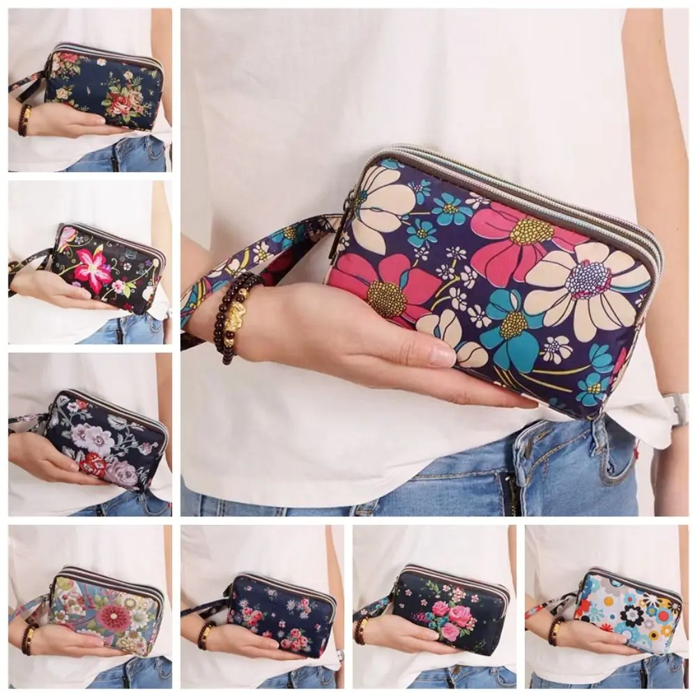 Fashion Flower Print Canvas Coin Purse Women Long Wallet Phone Bag Portable Zippers Small Handbag Makeup Bag Card Holder