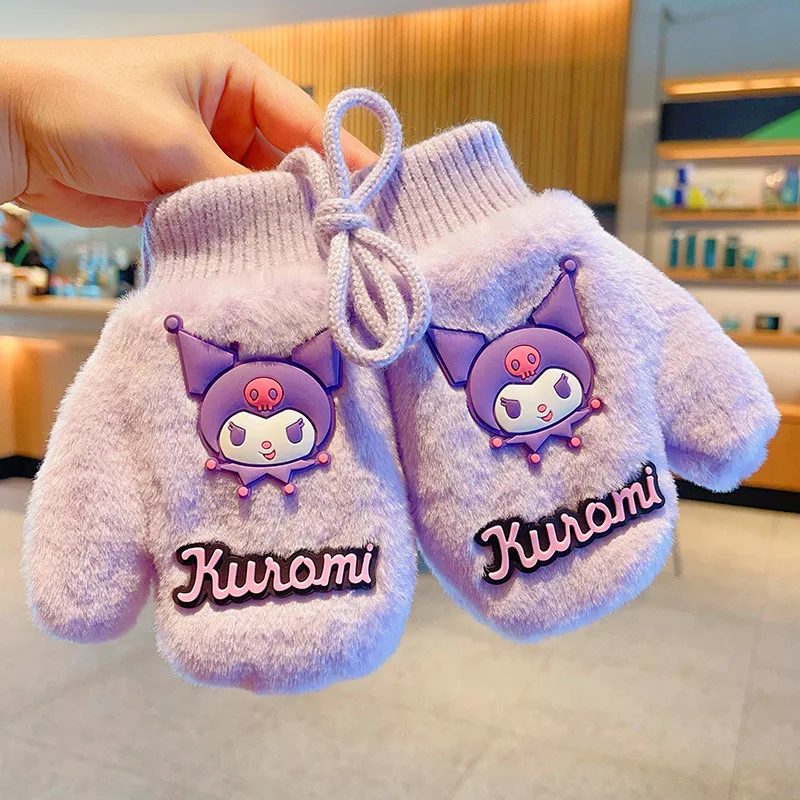 Sanrio dziecięce, jesienne i zimowe, pogrubione, ciepłe rękawiczki Hello Kitty, wyściełane, wiatroszczelne rękawiczki z pełnymi palcami