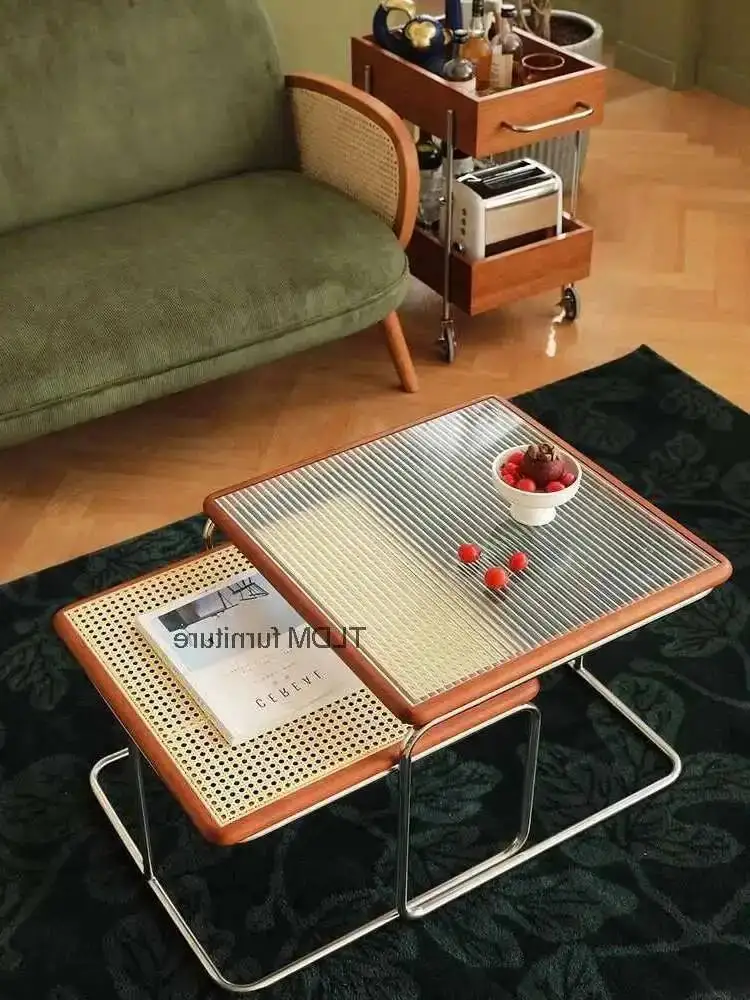 Medieval Style Rattan Coffee Table Glass Side Table Living Room Corner Tea Table Combination Table Muebles