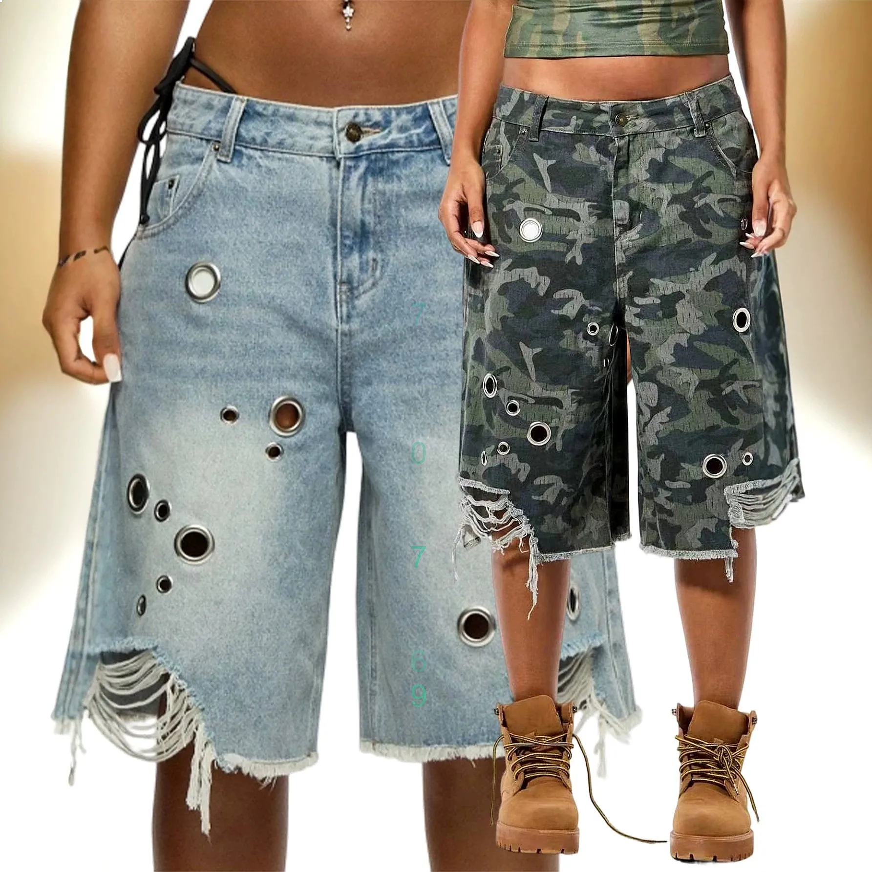 

Women Denim Camo Jeans Ripped 5/4 Length Pants Jumpsuit Overall Spring Summer