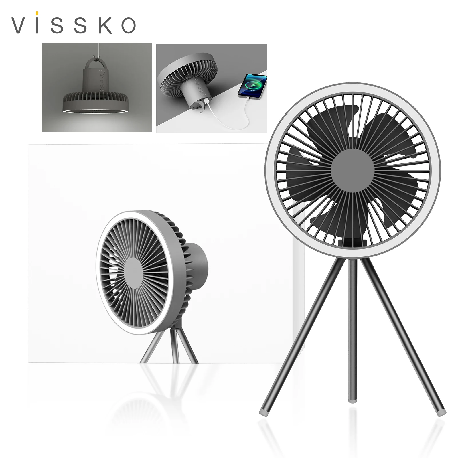 Vissko 10000mAh 4000mAh Camping Fan Rechargeable Desktop Portable Circulator Wireless Ceiling Electric Fan with LED Lighting