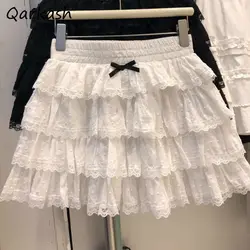 Mini Skirts Solid Sweet Lace Patchwork Bow High Waist High Street Kawaii All-match Casual A-line Spicy Girls Summer Fashion Chic