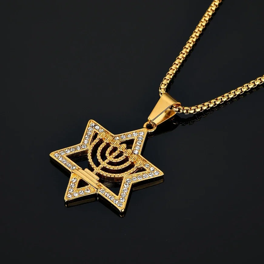 New Menorah Judaism Hebrew Necklace Star of David Menorah Gold Color Religious Neclace