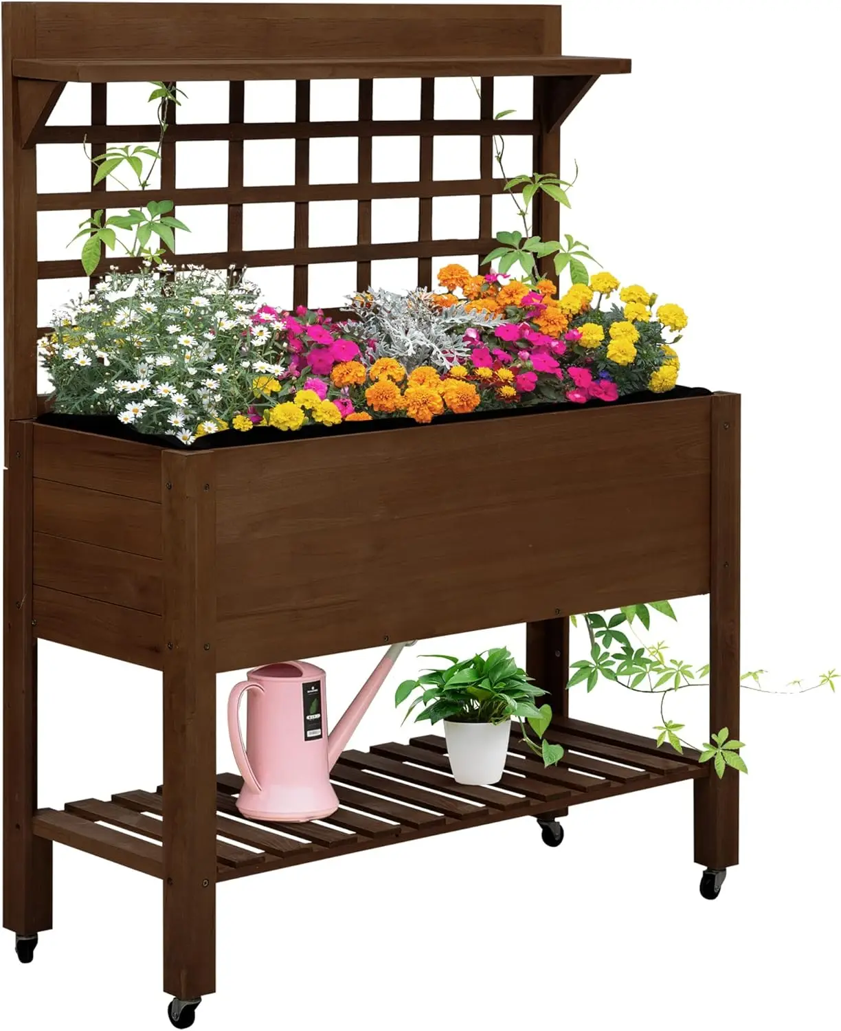 

41" Raised Garden Bed with Trellis on Wheels, Wooden Elevated Planter Box with Legs and Bed Liner, for Flowers, Herbs & Vegetabl