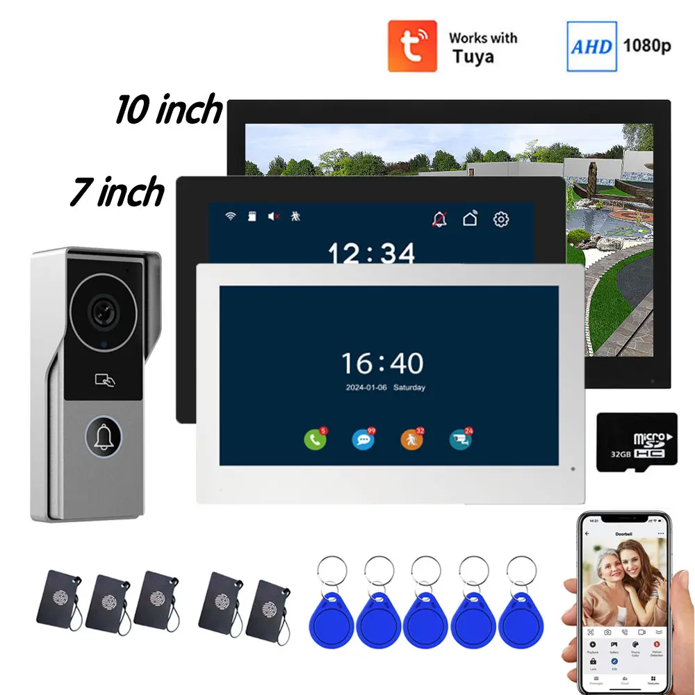 Interphone vidéo intelligent Tuya sans fil Wifi 1080P interphone vidéo 7 "couleur 10 pouces écran tactile sonnette système d'interphone vidéo à 4 fils