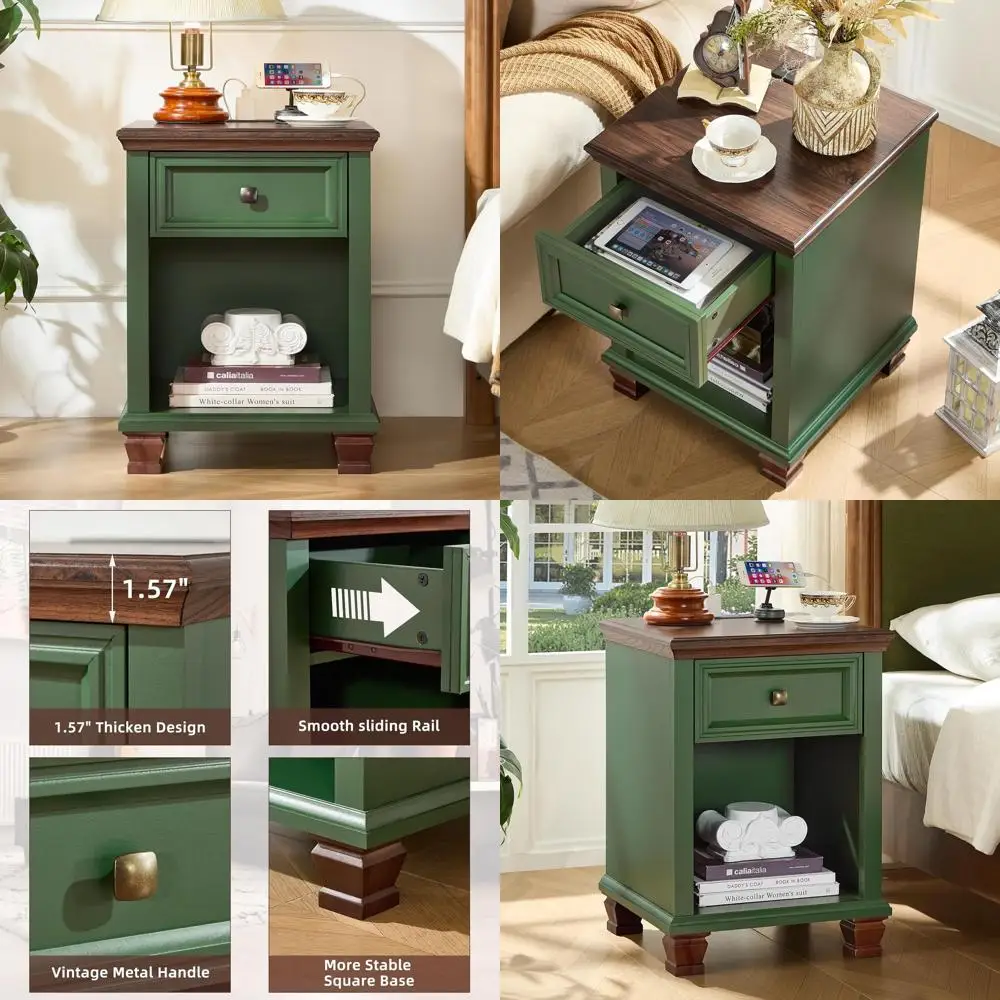 

Rustic Wooden Nightstand with Charging Station, 1 Drawer, Open Shelf, Bedroom & Living Room Side Table, Green