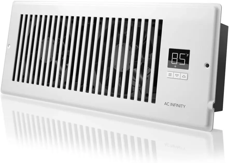 

Quiet Register Booster Fan with Thermostat 10-Speed Control Heating Cooling AC Vent Fits 4” X 12” Register Holes White