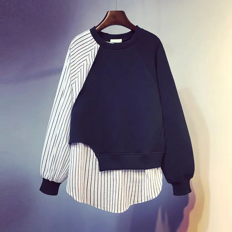 Korean Autumn/Winter New Women\'s O-Neck Striped Patchwork Fake Two Pieces Fashion Casual Loose Long Sleeve Sweatshirts Coat Tops