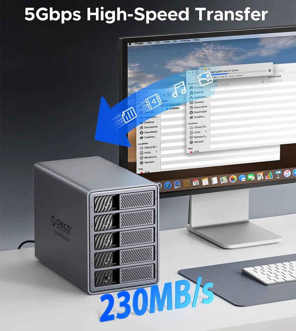 ORICO Estación de acoplamiento de disco duro 7 RAID 2,5/3,5 "SATA HDD SSD carcasa 150W USB 3,0 5Gbps DAS ventilador de refrigeración de aluminio para PC portátil