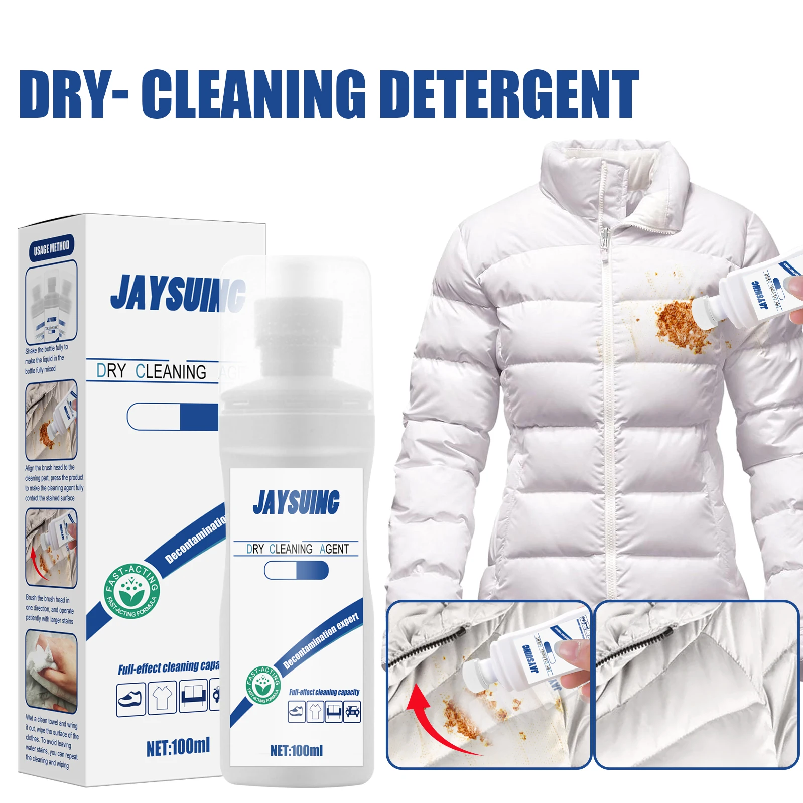 2PCS Dry Cleaning Agent 100ml Agent Down Clothes T-Shirt Jacket Coat Wash-Free Foam Spray Cleaner Oil Stain Remover Detergent