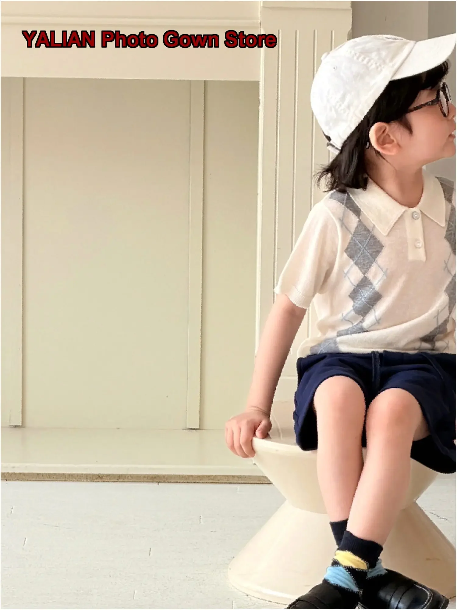 Boys Girls Polo Collar Knit Top Pure Wool Plaid Pattern Short Sleeves