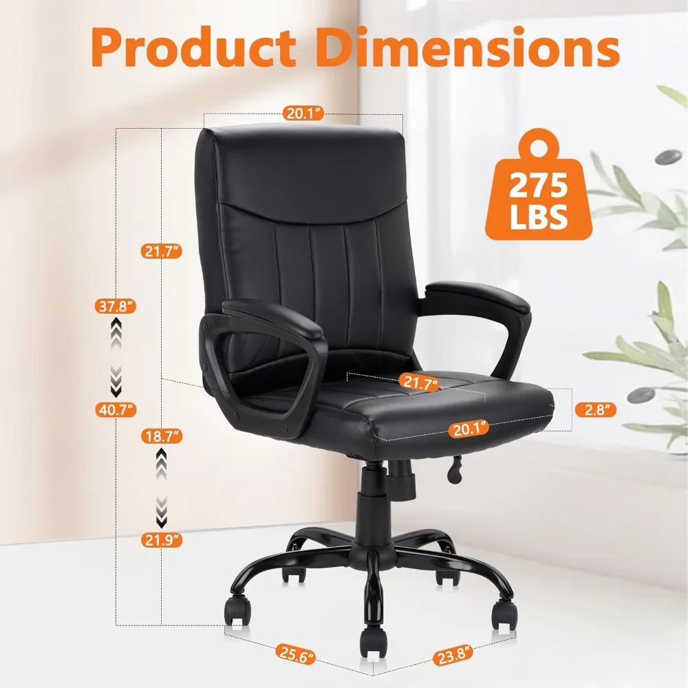 Silla ejecutiva de oficina de cuero con respaldo medio, soporte lumbar y reposabrazos acolchados, diseño ergonómico ajustable giratorio para el hogar