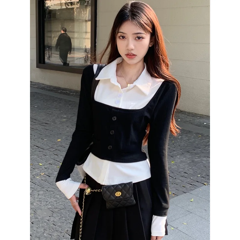 Autumn New Women's Preppy Style Two-Piece Illusion Top Slimming Polo Collar Long Sleeve T-Shirt Sensibility Design Smooths Your 