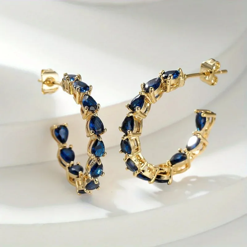 Fashion New Blue Teardrop Zirconia Tandem Inlaid Gold Colour Earrings Women\'s Luxury and Elegant Jewellery Accessories