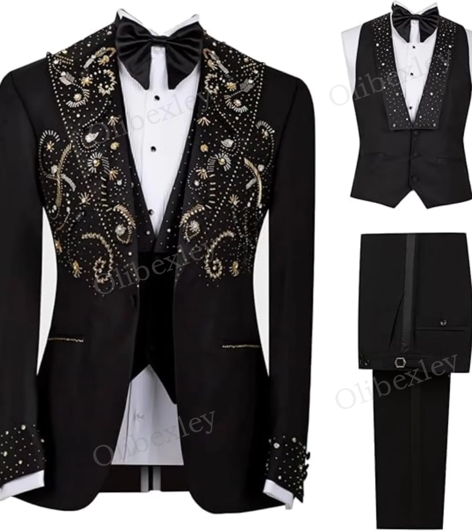 

Luxury High Quality Men's Black Suits 3 Pieces Beaded Crystals One Button Slim Fit Wedding Groom Business Dinner Party Suits
