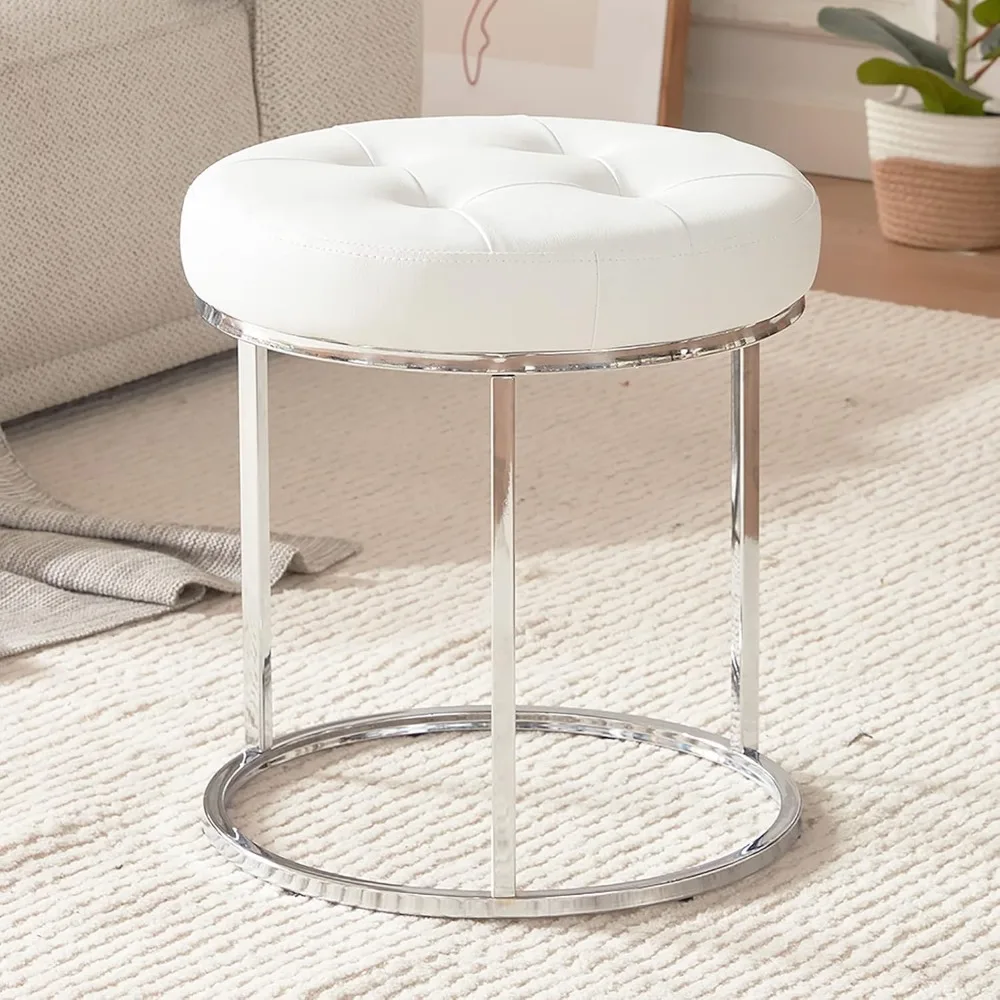 

Faux Leather Ottoman Stool, Vanity Chair Button Tufted Footrest Stool Makeup Stool with Metal Base for Living Room Bedroo