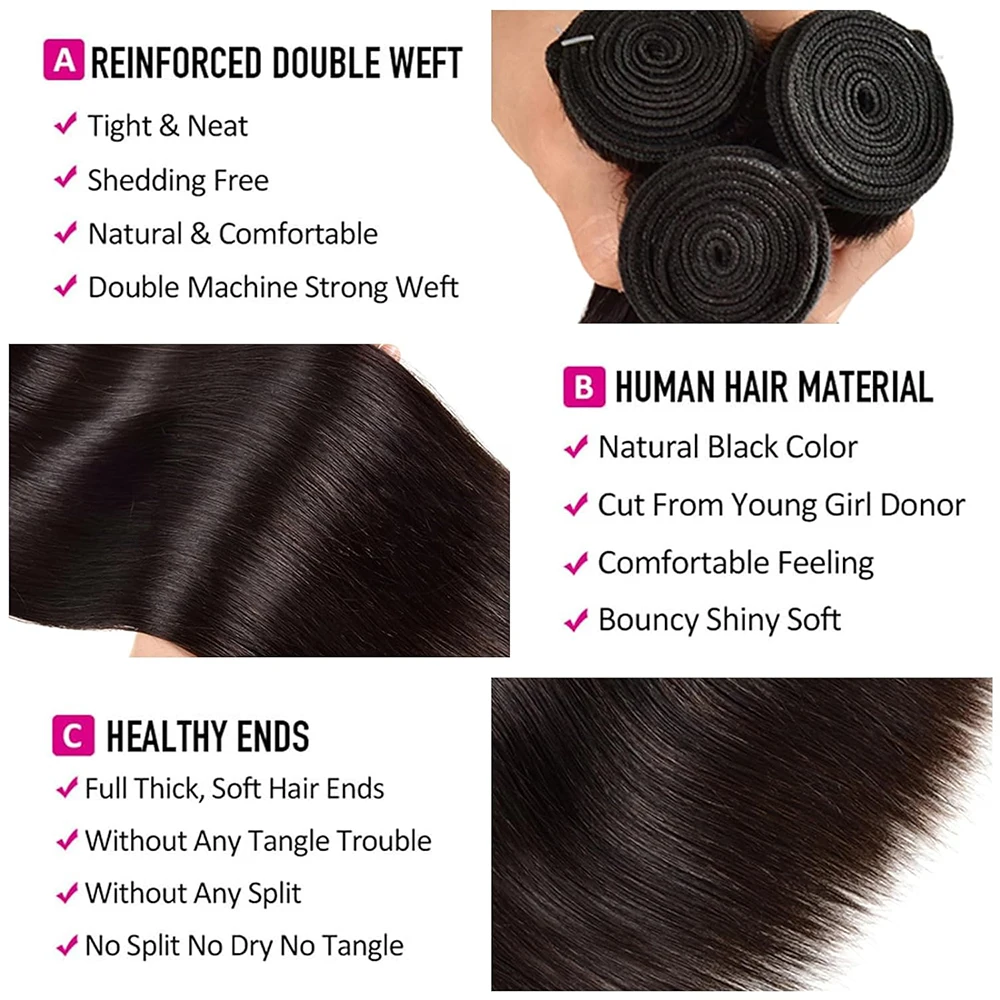 Sophia-Bundles de cheveux humains raides brésiliens pour femmes, tissage de cheveux bruts, extensions de cheveux humains vierges non transformés, 15A, 30 po