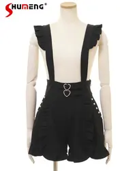 Lolita Lace-up Suspender Shorts for Women Japanese Rojita Pink Color Lace-up Heart Buckle Multi-Purpose Suspender Short Pants