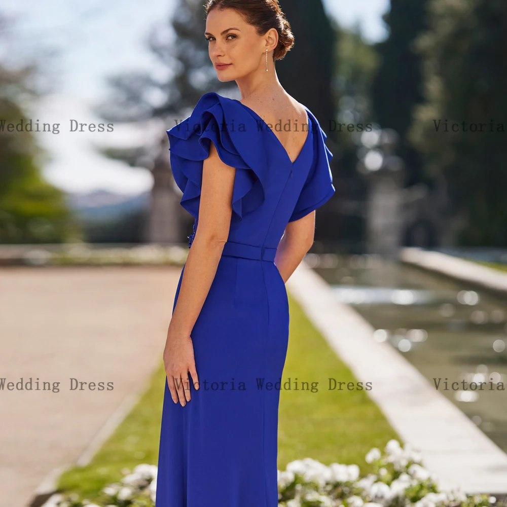 Elegant Royal Blue Mother of the Bride Dresses V Neck Customized Short Sleeves Wedding Party Gowns Flowers Pleat فساتين السهرة